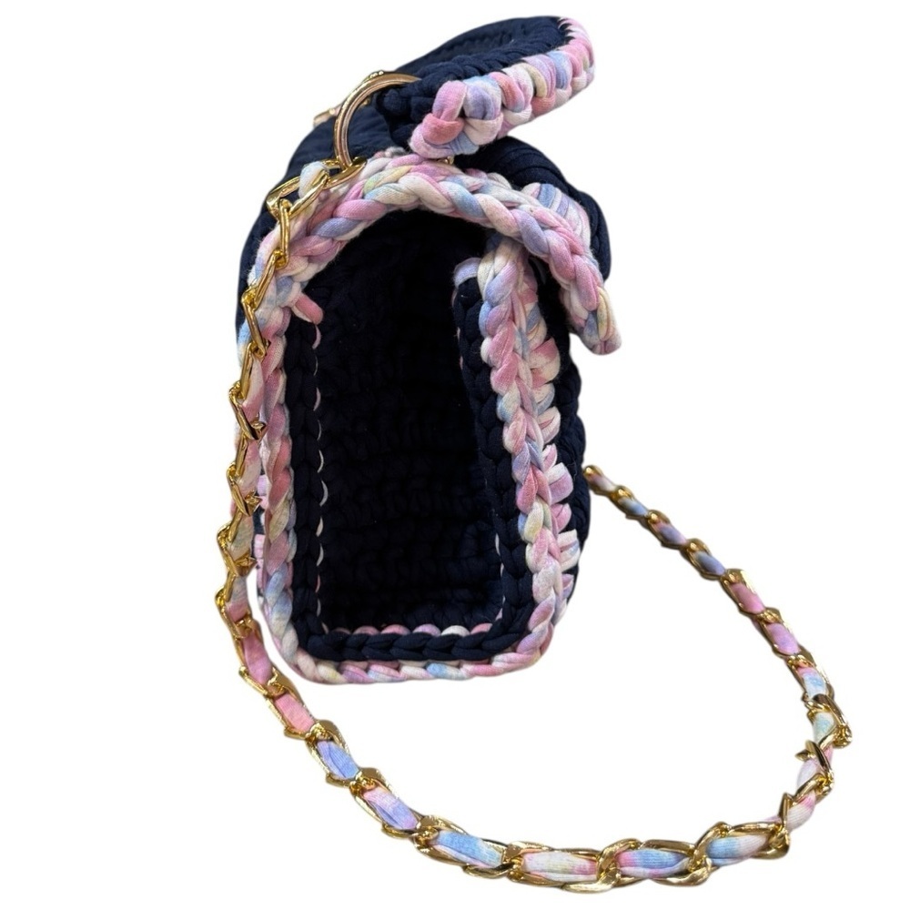 New Handwoven Chunky Knit Crochet Bag Navy Pastel Crossbody Purse with Tassel - Picture 4 of 9